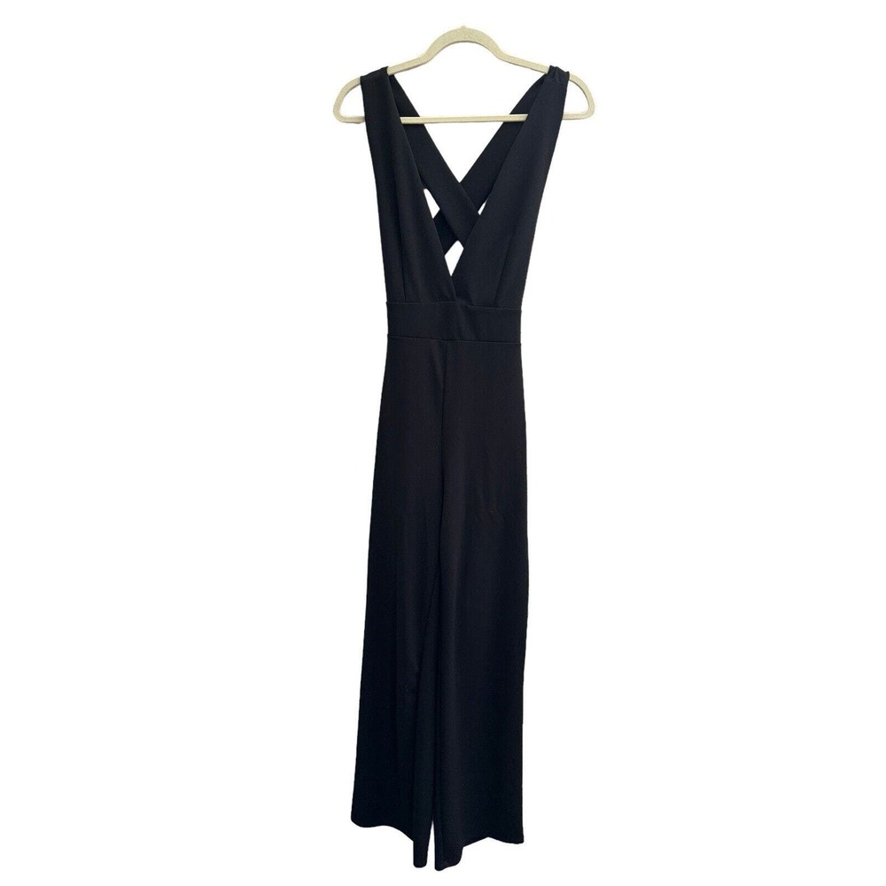 MOCKING JAY Womens Medium Jumpsuit Deep V Neck Criss Cross Back Black #2150